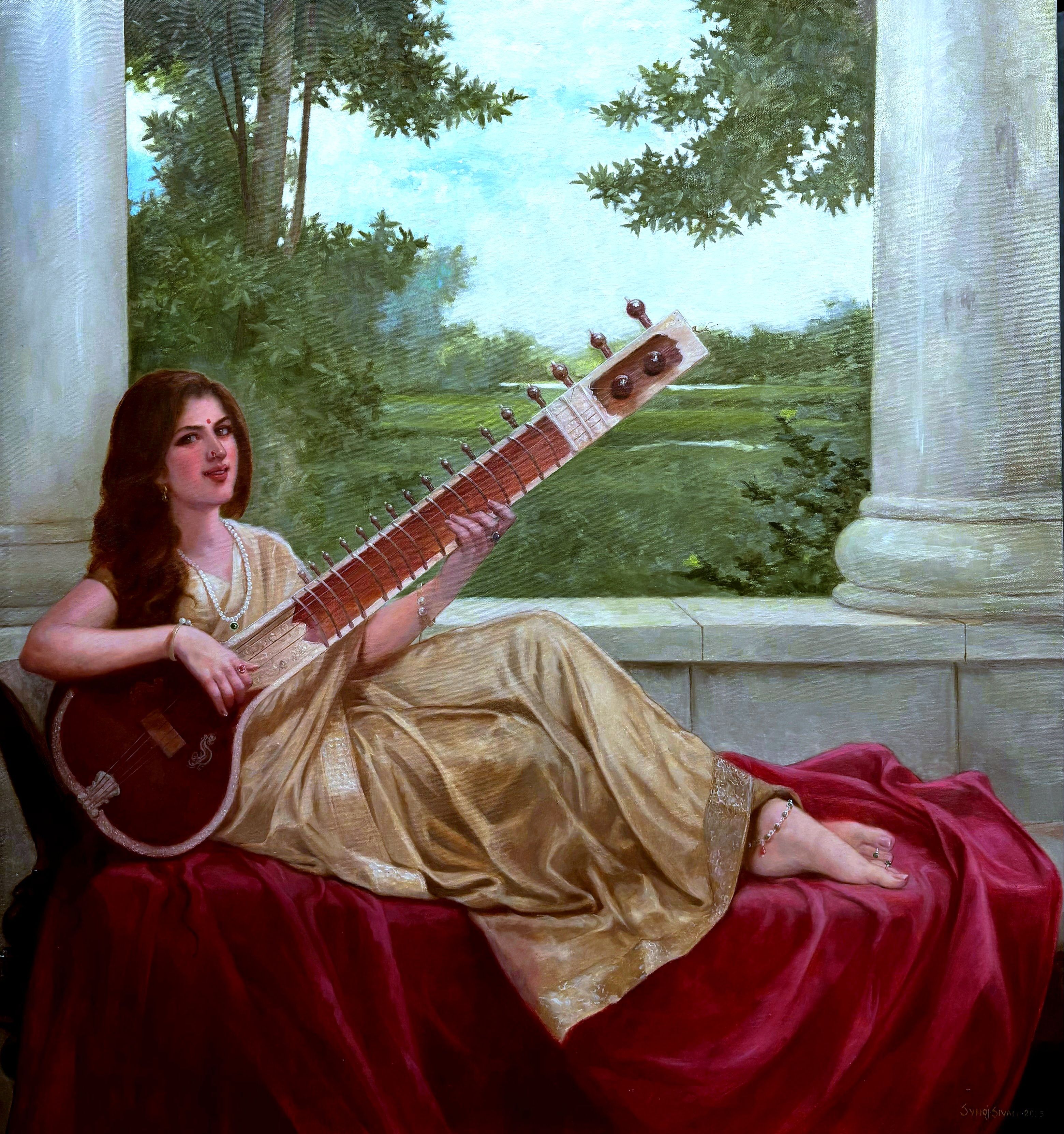 LADY WITH SITAR signed SYNOJ SIVAN and dated 2025 (lower right)Oil on Canvas H 33 by W 33 inch